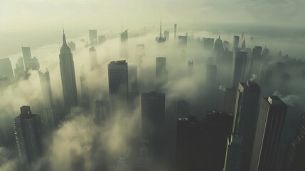 Wall Mural - A view over a metropolis with many skyscrapers, partially shrouded in thick fog, High angle view showing only the tops of the tallest buildings emerging from the fog, Soft, muted lighting due to the f