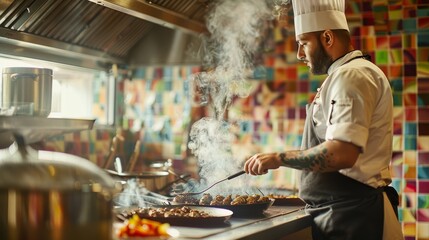 Wall Mural - A chef skillfully grills kababs, creating a flavorful dish amidst colorful kitchen decor and aromatic smoke