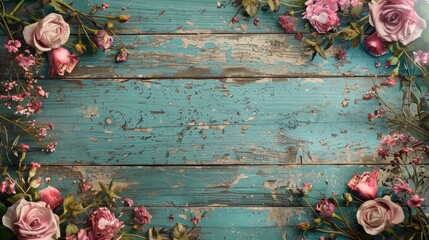 Sticker - Vintage wooden background with crackled frames adorned with roses orchids and space for text or photo Overhead view with blank space