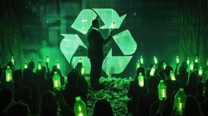 Satirical Politician at Sustainable Campaign Rally with Recycling Symbol and Glowing Torches, Green Enlightenment