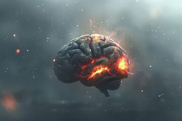 Poster - Fiery brain with neural connections symbolizing the power and energy of human thought and cognition in a futuristic visual