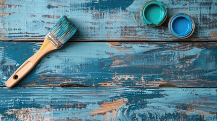 Sticker - Blue paint and brush on wooden surface top view Home improvement tools on wood backdrop