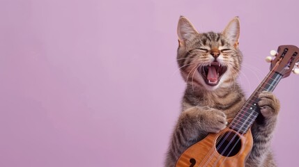 Cute tabby cat plays a mandolin against a purple background, looking happy and joyful. The humorous scene is entertaining and heartwarming