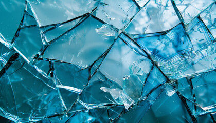 Wall Mural - A closeup view of broken glass with a blue hue