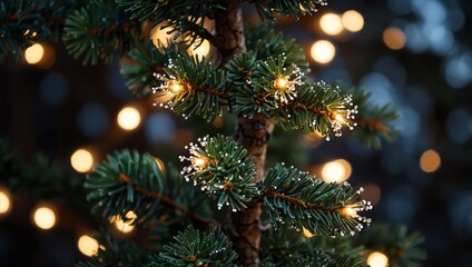 Wall Mural - A close-up of Christmas lights on a pine tree with snowflakes falling.