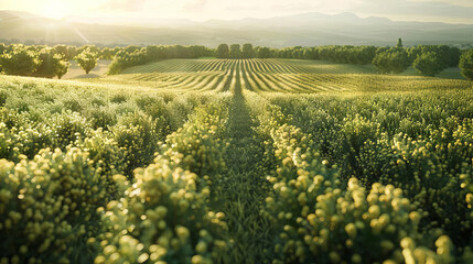 Breathtaking landscape showcasing a lush vineyard under warm golden sunlight with rolling hills in the background.