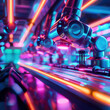 © Atomic62 Studio - Futuristic robotic arm in a colorful, illuminated setting, showcasing advanced technology in a modern manufacturing environment.
