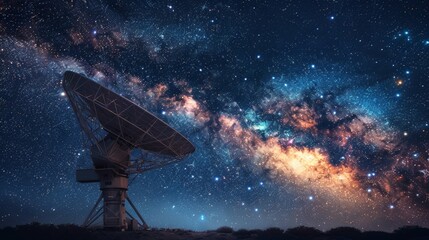 A telescope is pointed at the sky, which is filled with stars and a large