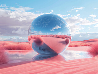 A shiny, reflective sphere rests atop a sandy, desert-like surface, basking in the warm glow of a sunset.