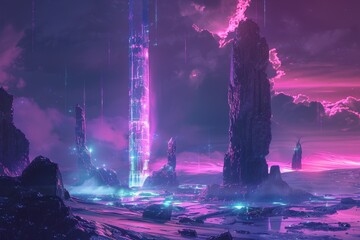Wall Mural - A futuristic landscape with a glowing tower and rocky spires under a vibrant pink sky