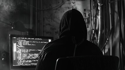 A hacker's intense focus captured in profile, silhouetted against a glowing screen of intricate codes, a sobering reminder of the urgency for heightened cyber security awareness