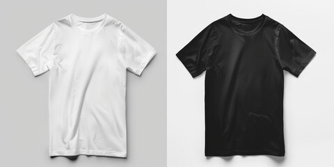 Two t-shirts, one white and one black, are displayed on a white background