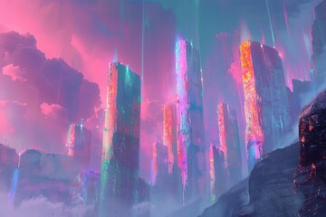 Wall Mural - Ethereal Towers Rising Through a Dreamlike Sky