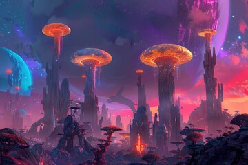 Wall Mural - An Alien Landscape With Towering Structures and Glowing Mushrooms
