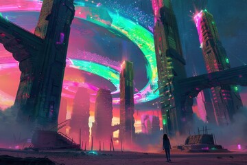 Wall Mural - A Solitary Figure in a Futuristic Cityscape with a Vibrant Sky
