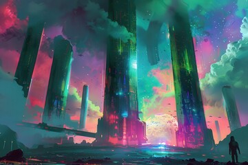 Wall Mural - Astronaut Standing Before a Futuristic Cityscape with a Large Planet in the Background
