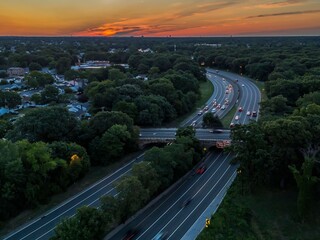 Canvas Print - Aerial view of the Southern State Parkway at sunset in Valley Stream, Long Island, New York, U