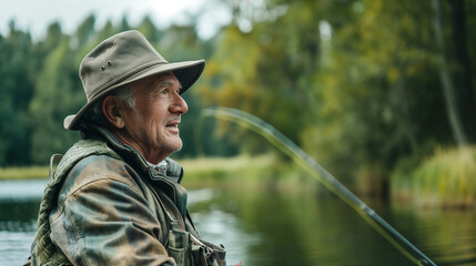 A man in a hat and jacket is fishing in a lake