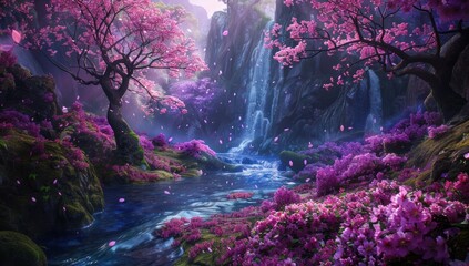 Wall Mural - Enchanted Waterfall with Cherry Blossoms