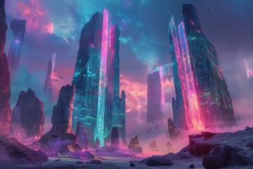 Wall Mural - Ethereal Towers Glowing With Neon Lights In A Mystical Landscape
