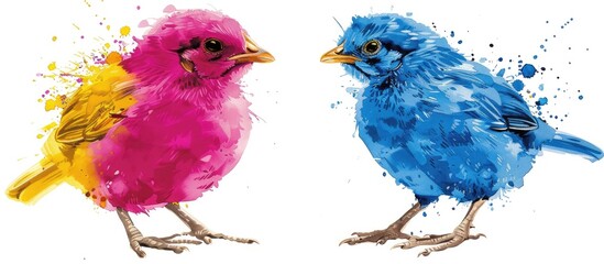 Wall Mural - Watercolor Illustration of a Pink and Blue Bird with Splashes of Color Against a White Background