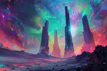 Wall Mural - Futuristic Towers Under a Cosmic Aurora