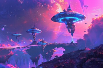 Wall Mural - A futuristic cityscape with floating structures and vibrant skies