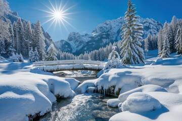 Wall Mural - Winter Wonderland with a Bridge over a Stream