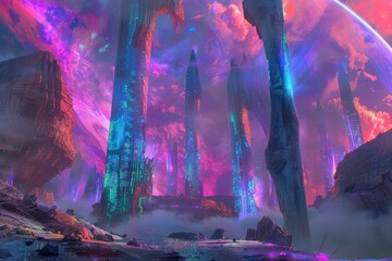 Wall Mural - A futuristic cityscape rises from a misty landscape illuminated by vibrant cosmic rays