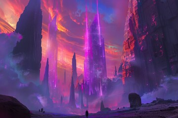 Wall Mural - A lone figure stands before a towering futuristic city bathed in pink and purple light