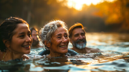 Multigenerational family enjoying refreshing cold water swimming in serene lake during golden hour, bonding and outdoor adventure, joyful summer activity and healthy lifestyle