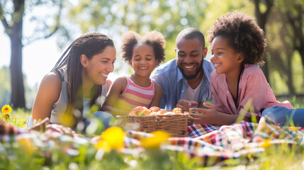 Wall Mural - A family of four is enjoying a picnic in a park