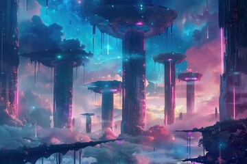 Wall Mural - A futuristic city suspended in the sky with glowing structures and a starry background