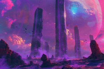 Wall Mural - Tall Structures Rise Against a Purple and Pink Sky