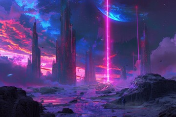Wall Mural - A Futuristic Cityscape Under a Vibrant Purple Sky With Beams of Light Illuminating the Scene