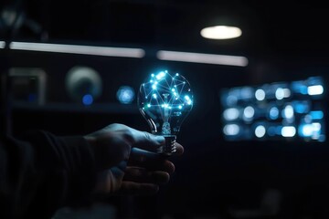 Poster - Hand Holding a Lightbulb with Blue Glowing Lines and Network Connections