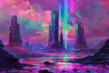 Wall Mural - A Vibrant Cityscape Under a Neon Sky