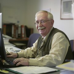 Wall Mural - A man is sitting at a desk with a laptop and smiling