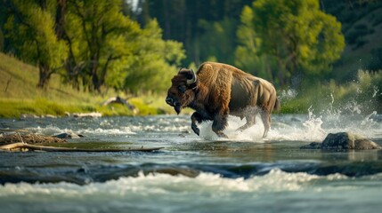 Wall Mural - Bison Running Through a Stream With Splashing Water