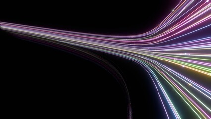 Wall Mural - Dynamic Curved Neon Light Trails on Black Background..