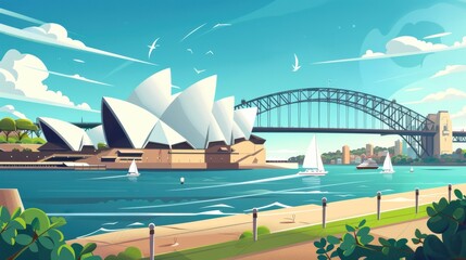 A scenic view of the Sydney Opera House, with its iconic sails, the harbor bridge, and boats on the water