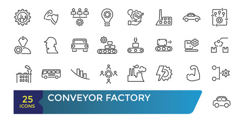 Conveyor factory icon set. Engineering and robotic industry. Conveyor belt. Collection and pack of linear web and ui icons. Editable stroke. Vector illustration.