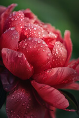 Poster - Close-up of a red peony flower with dew drops, capturing the delicate beauty and freshness of nature in a morning garden.