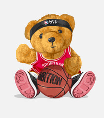 cute bear doll in basketball jersey hand drawn vector illustration