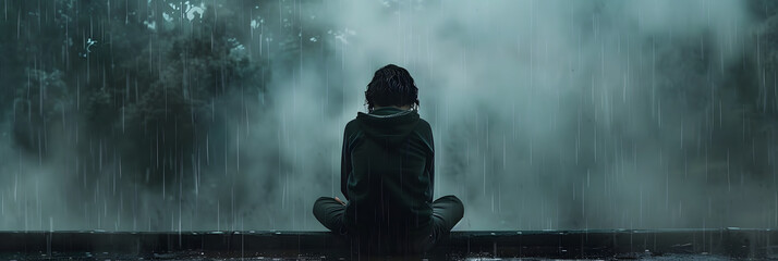 Sadness portrayed through a person sitting alone in the rain