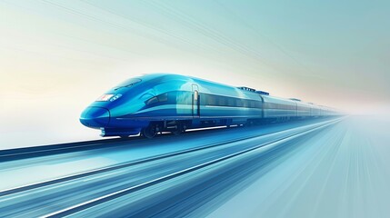 Sticker - High-speed train, blue with light blue accents, moving fast in the background of light blue and gray gradient background, 3D rendering