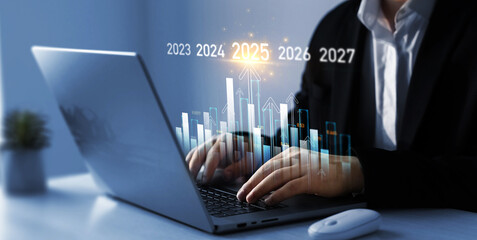 Leinwandbilder - New plans,goals and visions in business for new year 2025. Increase chart arrow graph corporate business  future growth new year 2025. New opportunity, challenge and strategy in 2025. 
