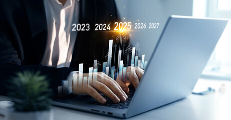 Leinwandbilder - New plans,goals and visions in business for new year 2025. Increase chart arrow graph corporate business  future growth new year 2025. New opportunity, challenge and strategy in 2025. 