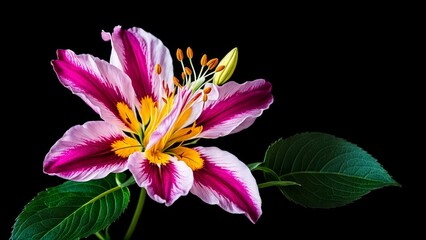 A single, beautifully detailed flower isolated on a black background: vibrant and rich colors of the petals, intricate details of the stamen and pistil, delicate texture of the petals and leaves, a se