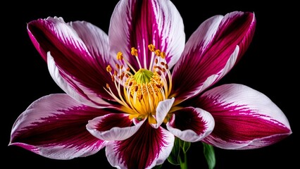 A single, beautifully detailed flower isolated on a black background: vibrant and rich colors of the petals, intricate details of the stamen and pistil, delicate texture of the petals and leaves, a se